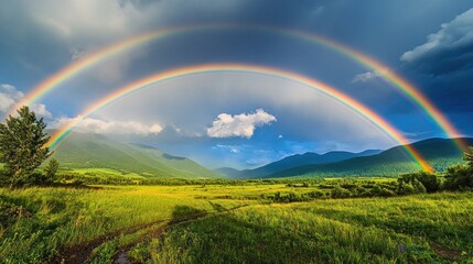 Naklejka premium Double rainbow over a lush valley