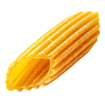 Golden yellow Italian pasta, fresh gemelli noodles, textured grooved grain. Uncooked macaroni with ridges, sweetcorn color, fluted ribbed pasta shape. Italian cuisine ingredient