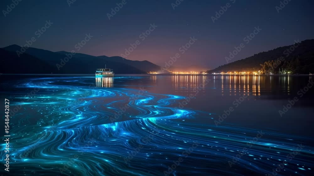 Poster a serene nighttime depiction of a ship anchored in a tranquil bay its bioluminescent fins pulsating 