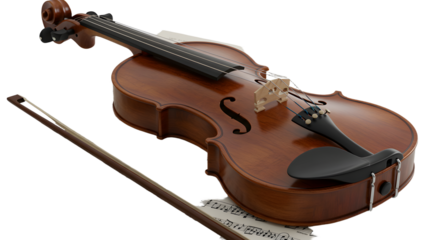 A beautifully crafted violin resting on a sheet of music, showcasing its elegant curves and rich wood finish in a serene setting