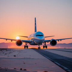 Naklejka premium Airplane Taxiing at Sunset with Golden Light