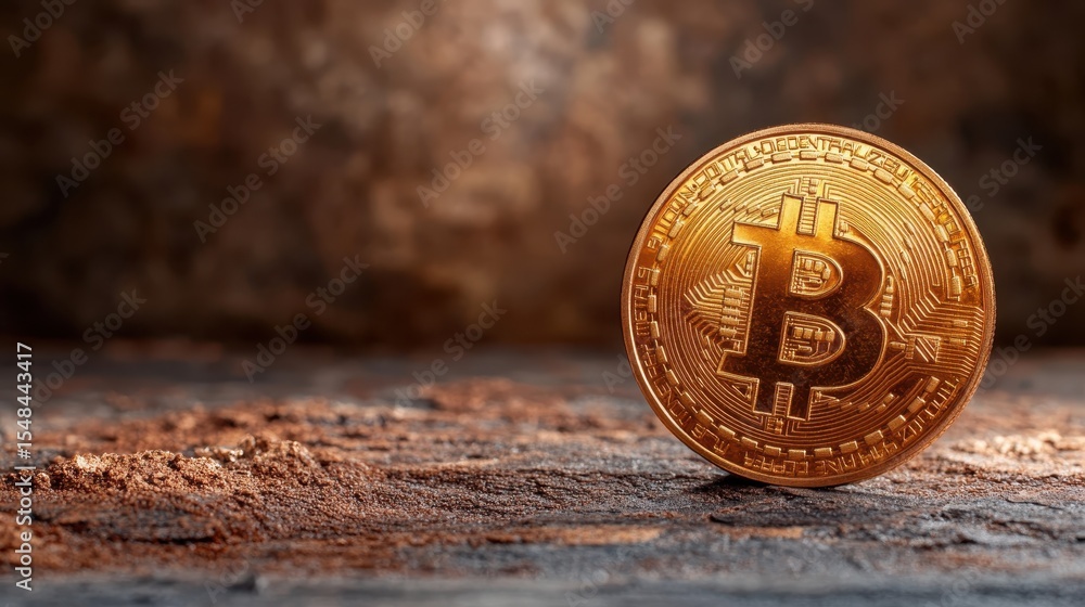 Poster a shiny bitcoin coin rests on a textured, rustic wooden surface, symbolizing innovation in finance a