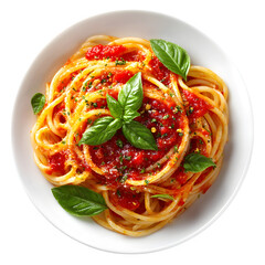 Delicious spaghetti with tomato sauce and fresh basil leaves, served on a white plate, overhead shot. A perfect image for food blogs isolated on transparent background