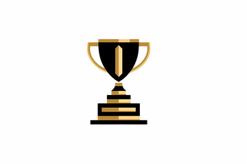 First place trophy vector logo design emphasizing leadership and achievement with black and gold colors and column elements