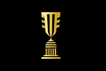 First place trophy vector logo design emphasizing leadership and achievement with black and gold colors and column elements
