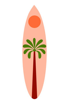 Vector illustration of a tropical surfboard with a palm tree and sun design. Perfect for summer, beach, surfing, vacation, lifestyle, sport and travel-themed digital projects. High-res PNG asset