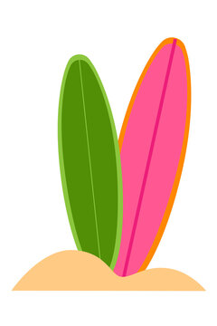 Colorful surfboard illustration with green and pink boards on sand. Perfect for summer, beach, holiday, vacation, surfing, water sports designs, posts and social media. Isolated high-res PNG 