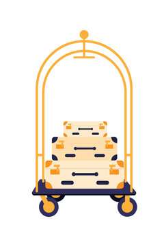 Hotel luggage cart with stacked vintage suitcases.  Bellhop trolley, baggage service, hospitality, holiday, travel design. Vector illustration, high-res PNG.