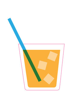 Yellow cocktail drink glass with blue straw and three ice cubes. Perfect for tropical drinks, summer beverages, bar menu designs or social media posts, stickers. High-res isolated PNG