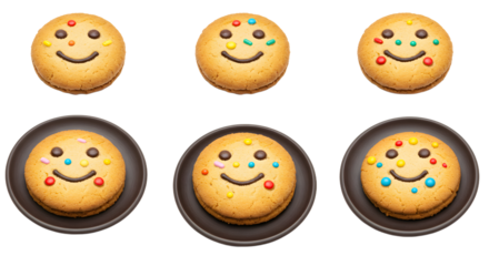 Cheerful cookies with smiley faces and colorful toppings arranged on plates, creating a fun and inviting dessert display