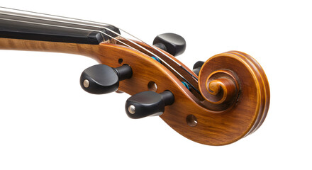 Close-up of a beautifully crafted violin scroll with intricate design, showcasing fine woodwork and tuning pegs against a plain background