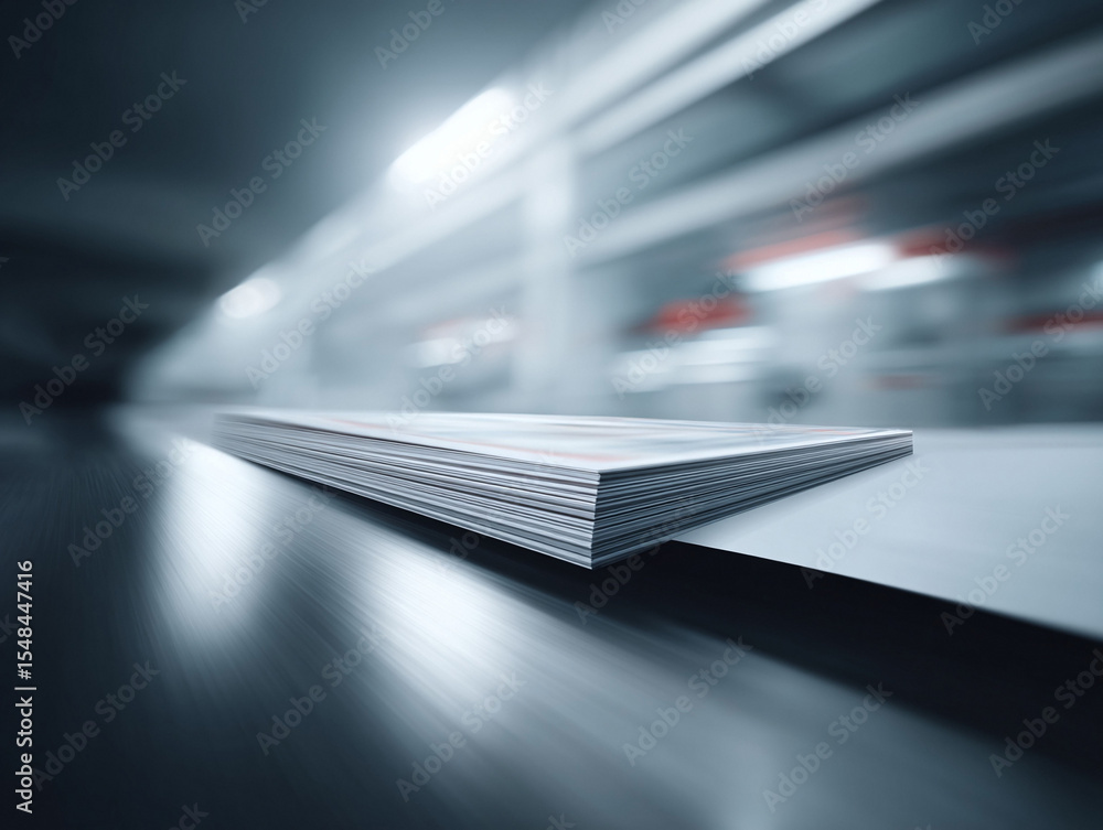 Poster sleek stack of papers on a futuristic conveyer. evokes themes of production, efficiency, data proces