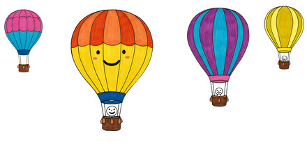Fototapeta premium Colorful cartoon hot air balloons floating in a bright sky, showcasing a cheerful atmosphere with a whimsical touch