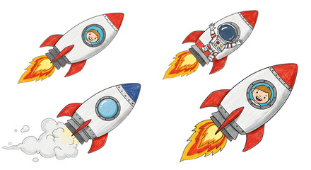 Colorful cartoon rockets blasting off into space, featuring children and an astronaut, with a dynamic background of stars