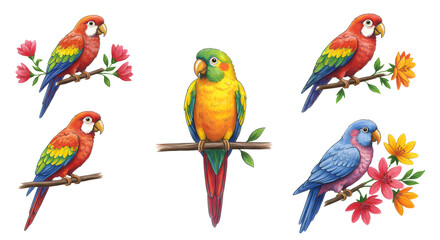 Colorful collection of tropical birds perched on branches with vibrant flowers, set against a clear background