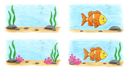 Colorful hand-drawn underwater scene featuring playful clownfish swimming among vibrant plants and rocks