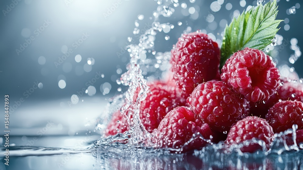 Poster a vibrant cluster of fresh raspberries splashes in crystal-clear water, creating a refreshing and dy