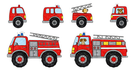 Colorful illustrations of playful fire trucks featuring animals, showcasing various angles and actions in a whimsical style