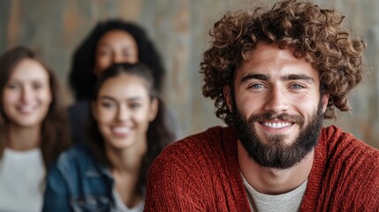 A joyful young man with curly hair and a beard is smiling confidently in the foreground while friends are slightly blurred in the background, creating a sense of camaraderie.
