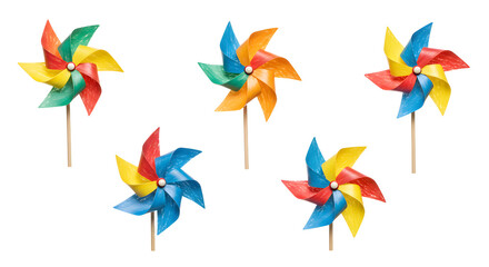 Colorful pinwheels spinning in a gentle breeze, set against a bright background, evoking a sense of joy and playfulness