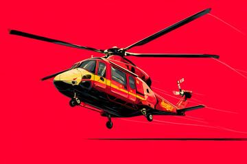 Fototapeta premium Red and black helicopter vector logo design with rotor blade patterns