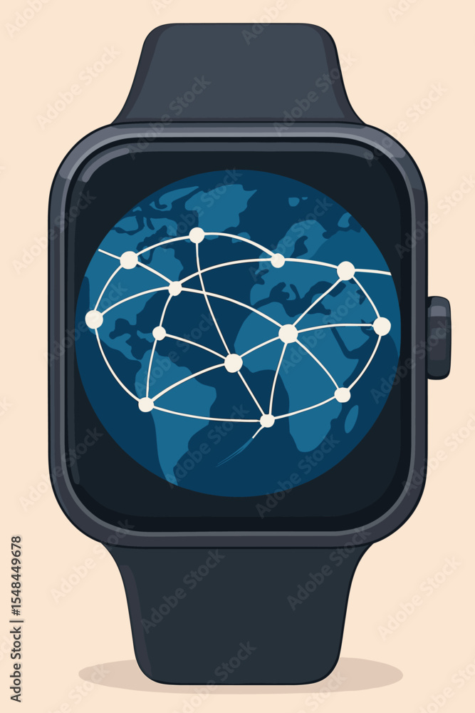 Poster smartwatch global network connection. wearable technology. world map on screen. internet connectivit