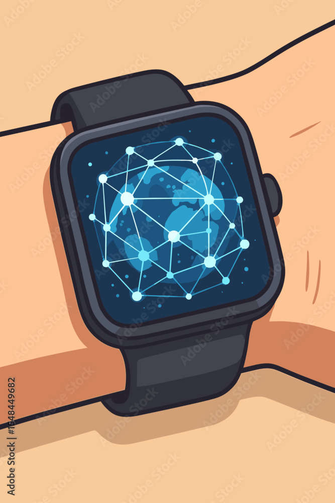 Poster smartwatch on wrist with glowing global network on screen. futuristic wearable technology showing da