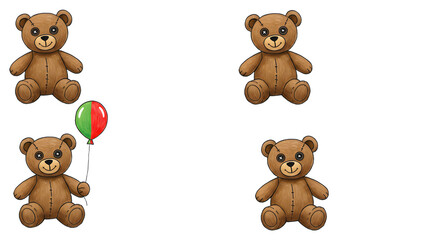 Four adorable teddy bears in a playful arrangement, one holding a balloon, set against a cheerful, colorful background