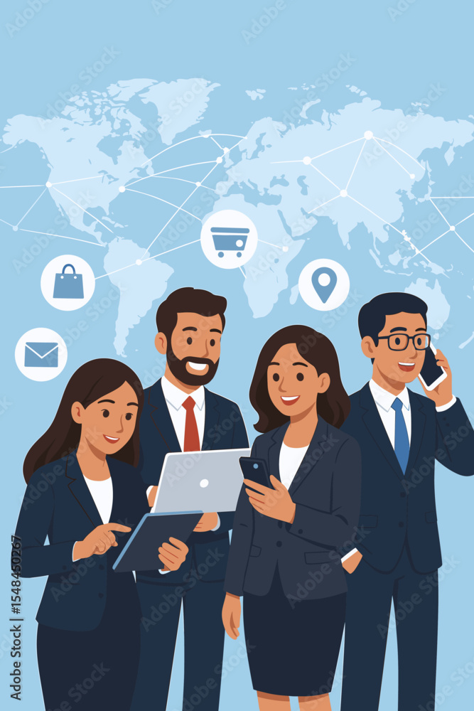 Poster business team using technology for global e-commerce and network connection. people collaborating wi