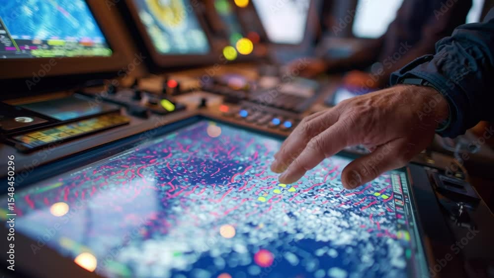 Poster ship captain using touchscreen to check navigation chart on bridge with modern electronic equipment 