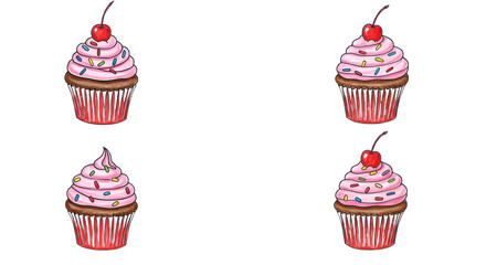Four colorful cupcakes with pink icing and cherries, arranged in a grid, showcasing a festive dessert theme