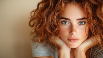 Fototapeta premium This stunning portrait features a young woman with vibrant curly hair and beautiful blue eyes, showcasing her natural beauty and freckles in a soft, dreamy setting.