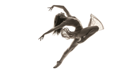Graceful dancer in mid-air leap, showcasing fluid movement against a minimalist background, emphasizing elegance and freedom