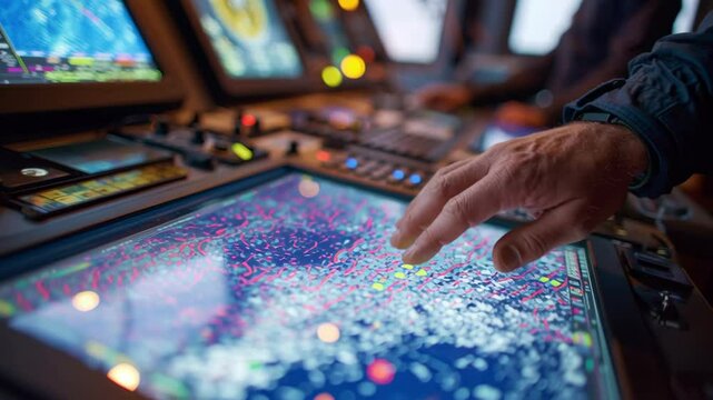 Ship captain using touchscreen to check navigation chart on bridge with modern electronic equipment showing weather conditions and ship position