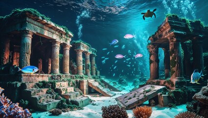 Fototapeta premium Discover the beauty of an underwater world with ancient ruins and marine life.