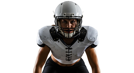 Intense football player in protective gear ready for action on the field, with a blurred stadium crowd in the background