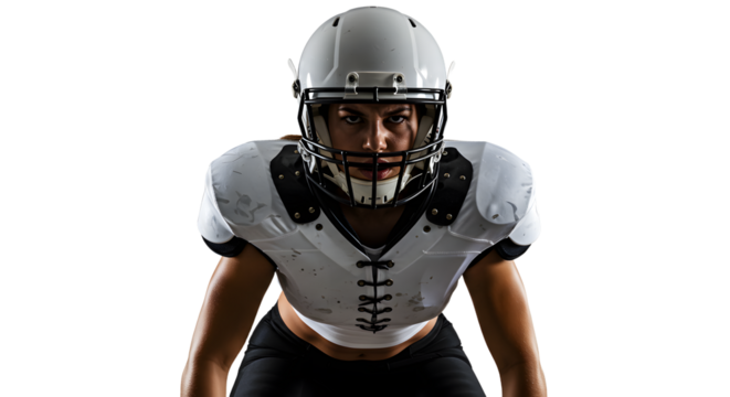 Intense football player in protective gear ready for action on the field, with a blurred stadium crowd in the background - Powered by Adobe