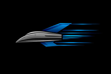 Jet vector logo with metallic blue and gray color and jet exhaust trails