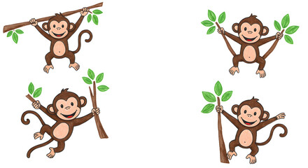 Playful cartoon monkeys swinging on branches surrounded by lush green leaves, showcasing a vibrant jungle atmosphere