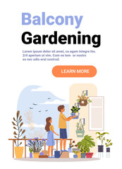 Balcony gardening urban plants family outdoor care potted flowers man woman watering greenery nature home scene website banner
