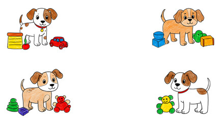 Playful cartoon puppies surrounded by colorful toys in a cheerful setting, ideal for children's products and designs