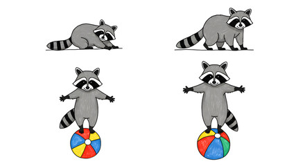 Playful raccoons engaging in acrobatic stunts with a colorful beach ball, set against a simple, vibrant background