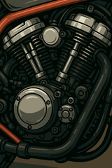 Close-up of a powerful motorcycle V-twin engine with chrome mechanical details. Vector cartoon illustration of a custom bike motor, representing biker culture, power, and speed.