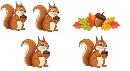 Playful squirrels holding acorns amidst colorful autumn leaves, showcasing a lively forest scene
