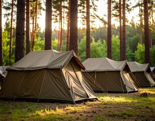 Military Tents in Nature at Dusk – Outdoor Survival Scene