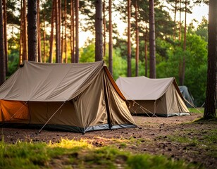 Military Tents in Nature at Dusk – Outdoor Survival Scene