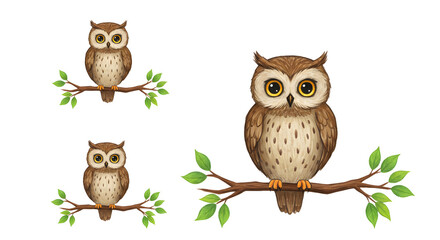 Three charming owls perched on branches, showcasing their unique features against a simple white background