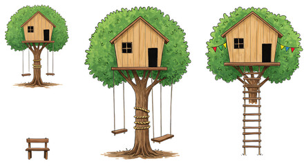 Three charming tree houses nestled in lush greenery, showcasing playful designs and a swing, perfect for children's adventures