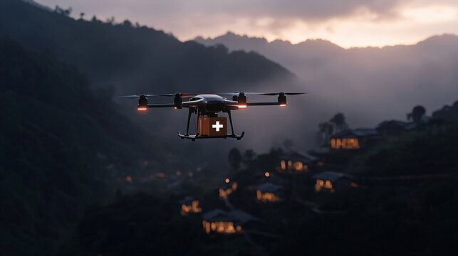 Futuristic rescue drone delivering defibrillator in urban emergency scene