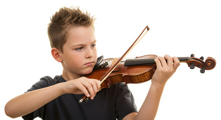 Young boy focused on playing the violin in a bright setting, showcasing musical talent and concentration